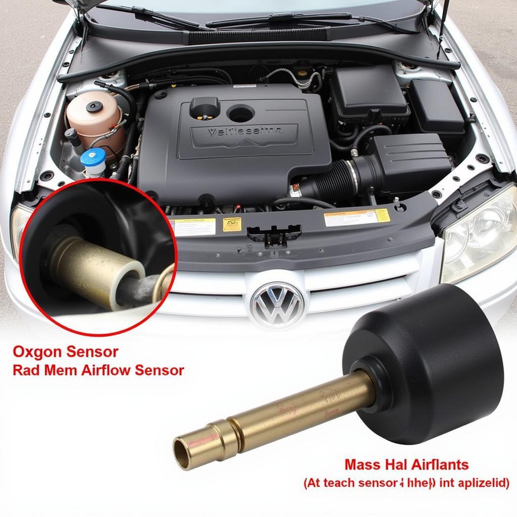 Key engine components of a 2004 VW Jetta, including the oxygen sensor and mass airflow sensor.