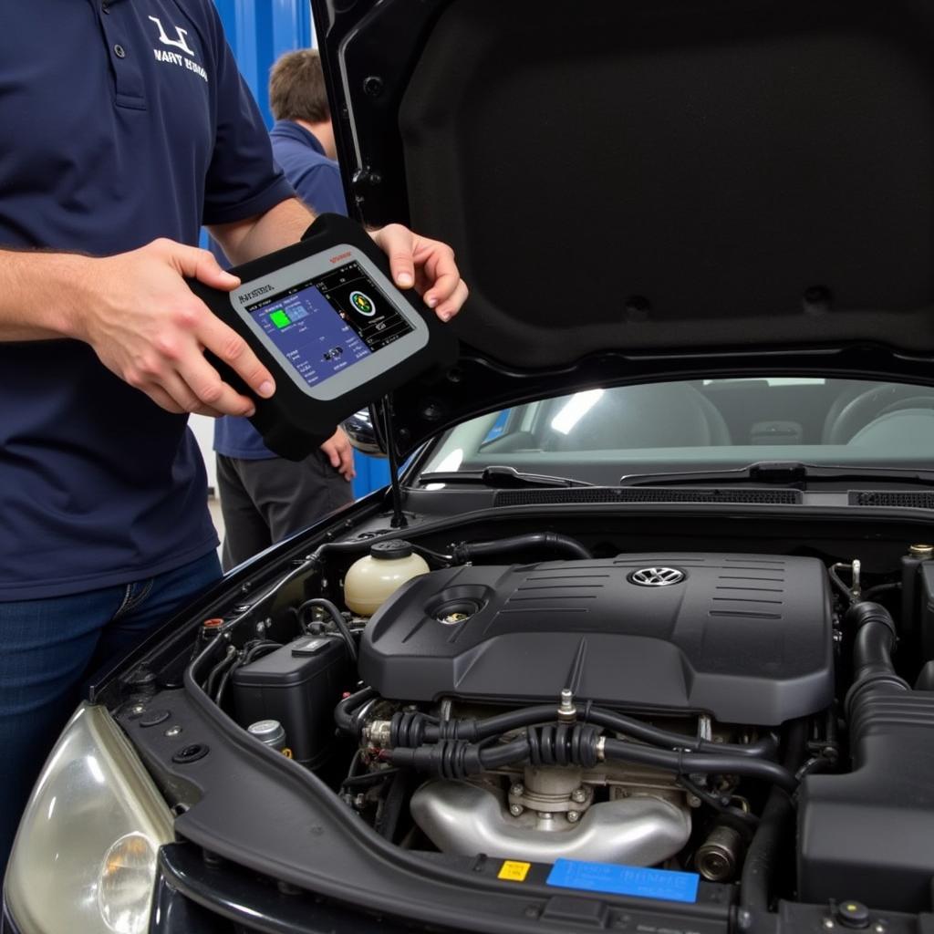 A mechanic using diagnostic tools on a 2004 VW Jetta engine.