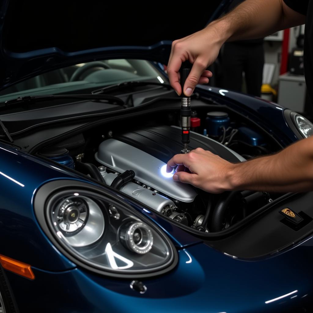 Mechanic Inspecting 2006 Porsche Cayman Engine