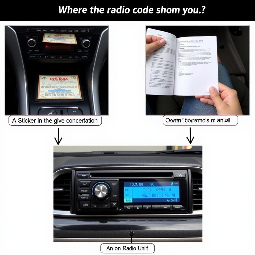 2008 VW Golf radio code location examples in owner's manual, glove compartment, and on the radio itself.