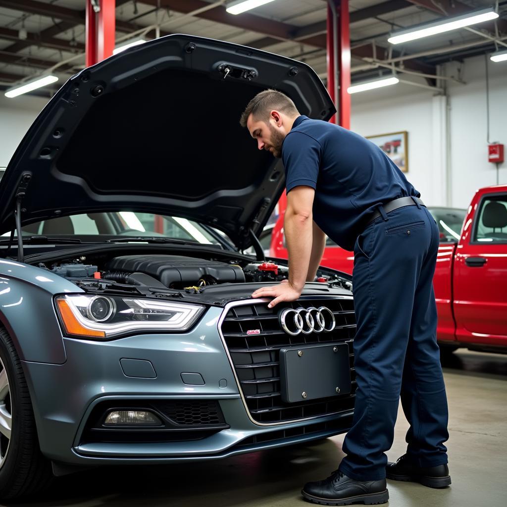 Mechanic performing maintenance on a 2014 Audi A4