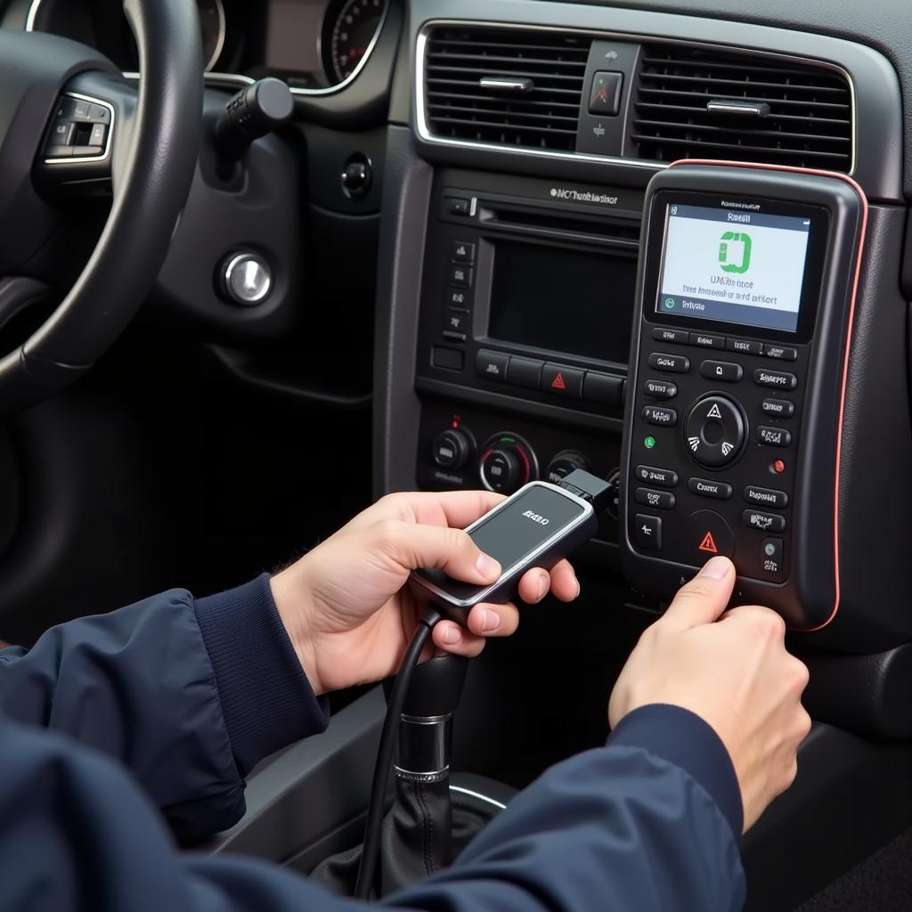 Mechanic connecting a diagnostic scanner to an Audi A4