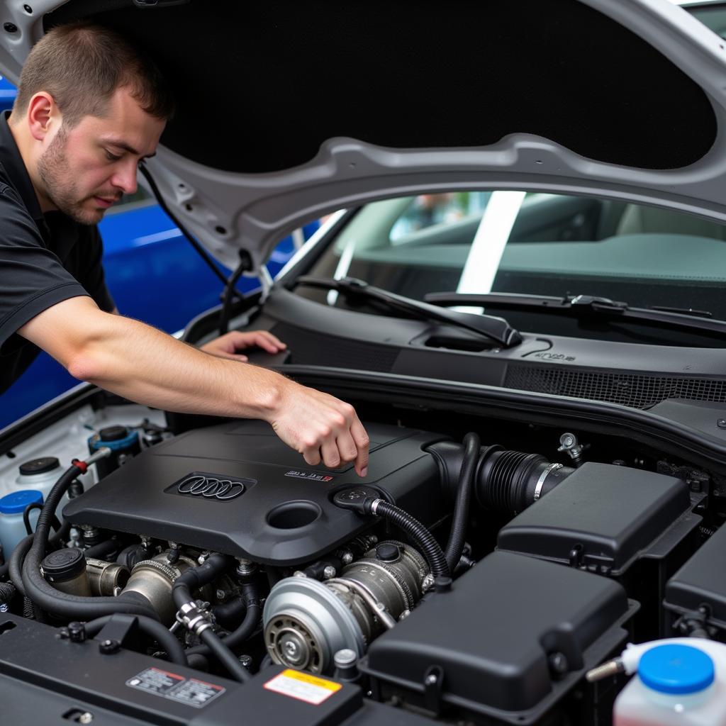 Audi A4 Mechanic Inspecting Engine