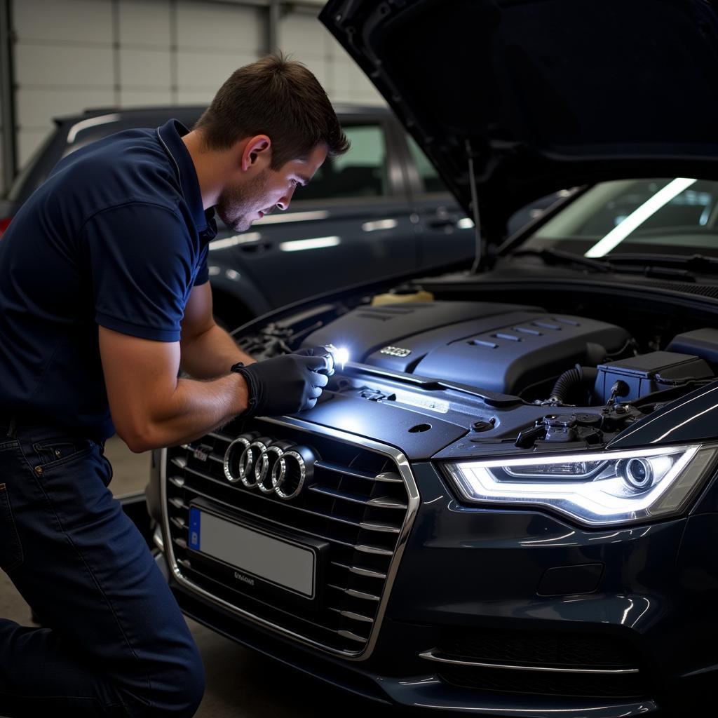 Mechanic Inspecting Audi A6 C5 Engine Bay