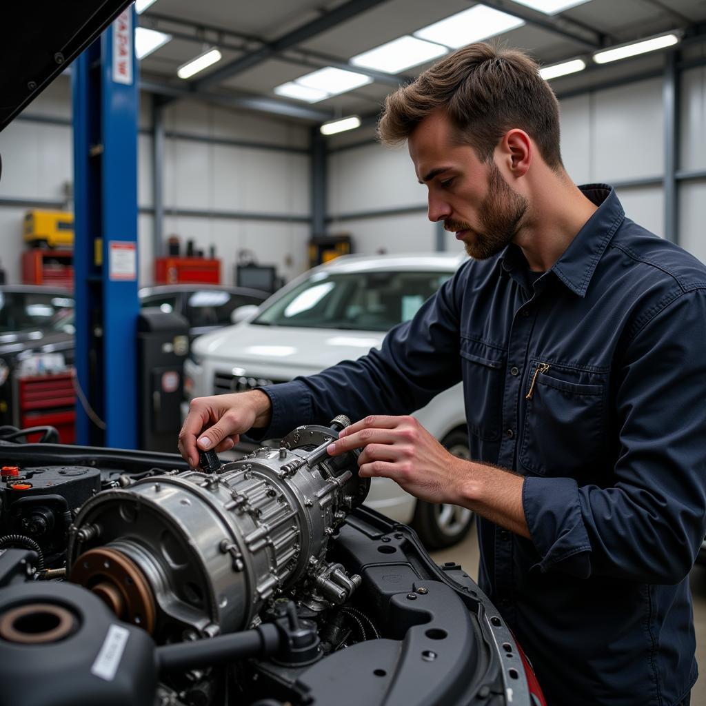 A technician repairing the transmission of an Audi B7 A4