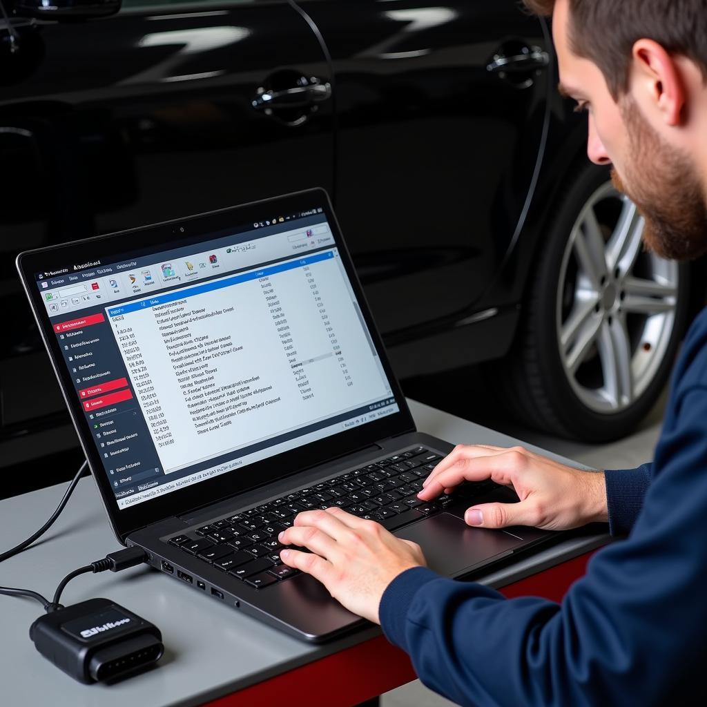 Mechanic scanning an Audi B8 for VCDS codes