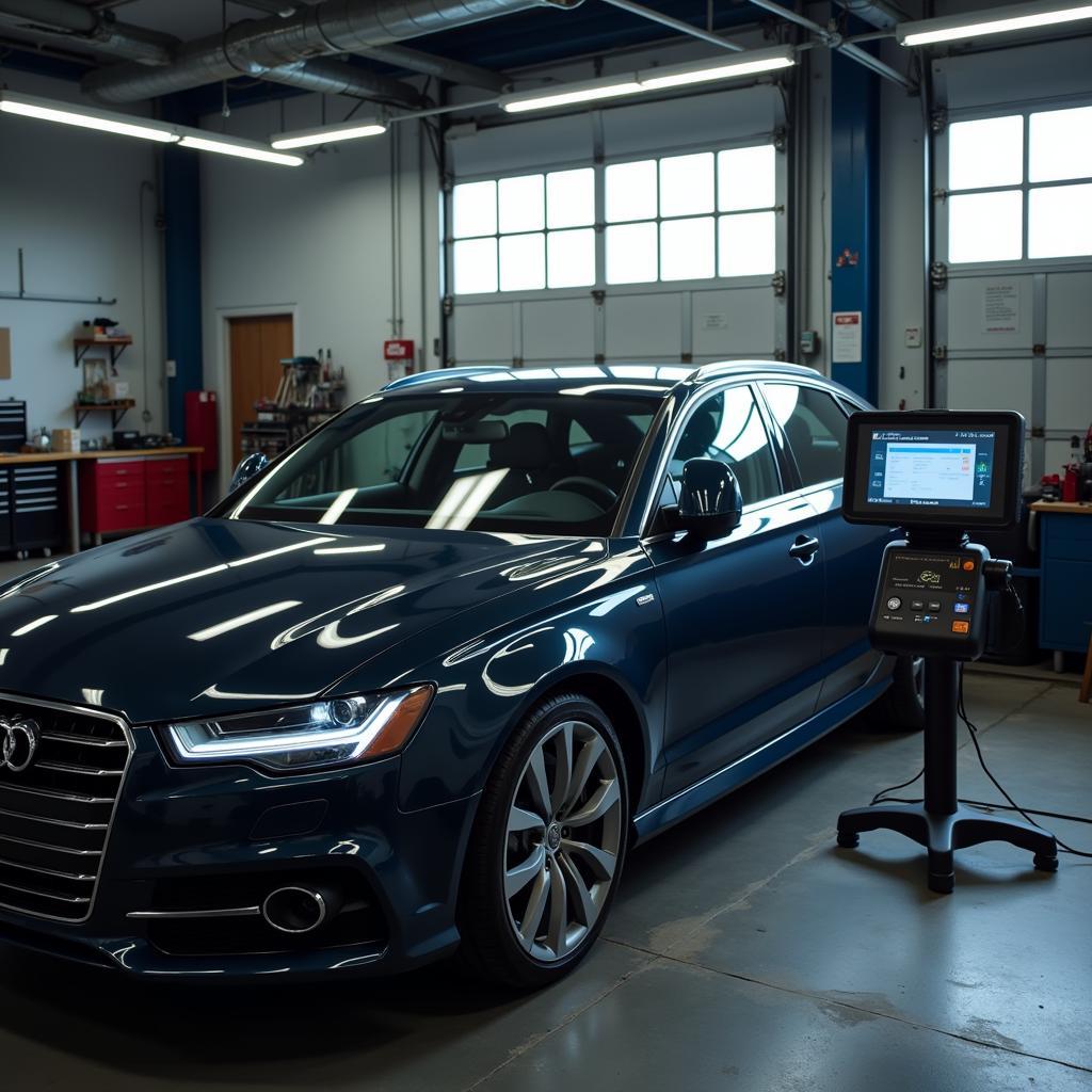 Audi connected to diagnostic equipment in a repair shop.