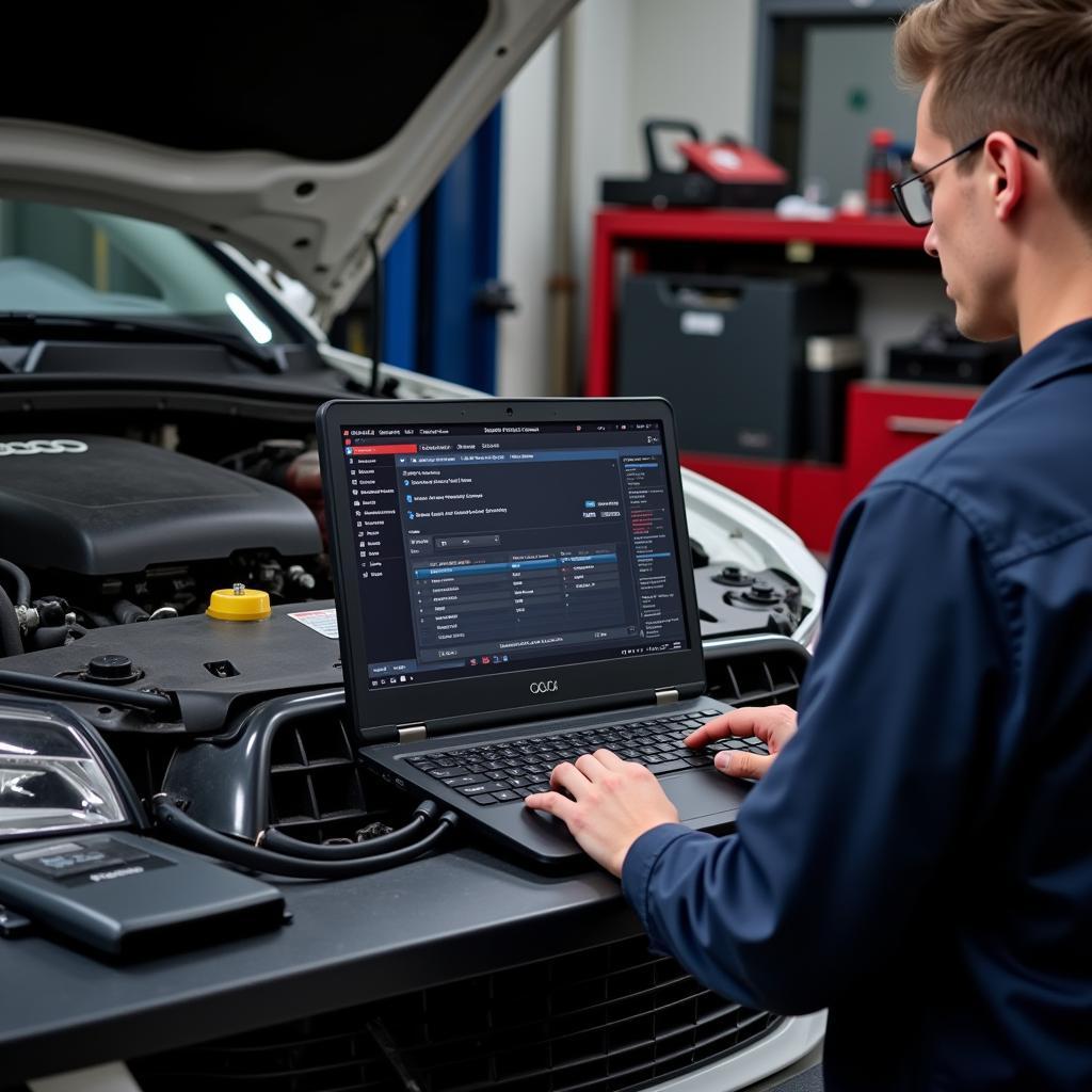 Mechanic using VCDS to diagnose Audi