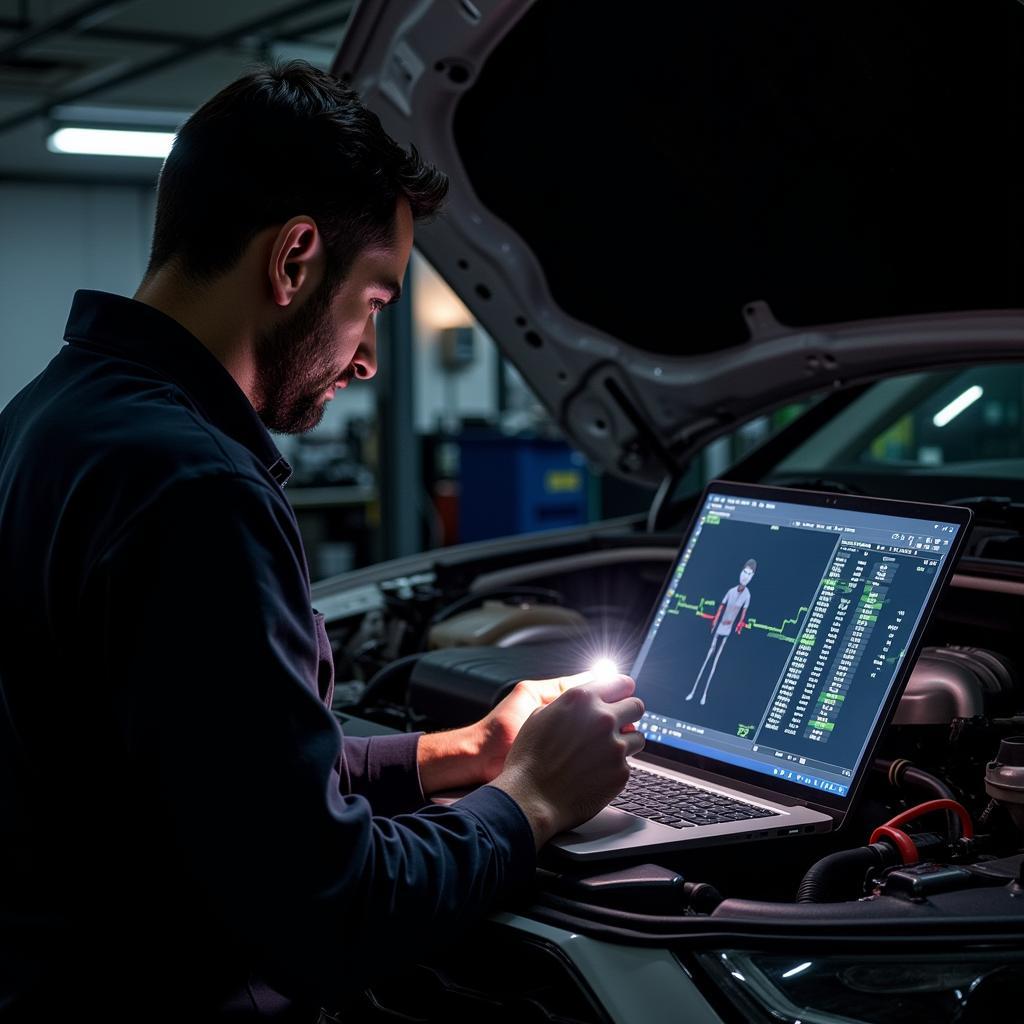 Mechanic inspecting Audi engine bay with VCDS