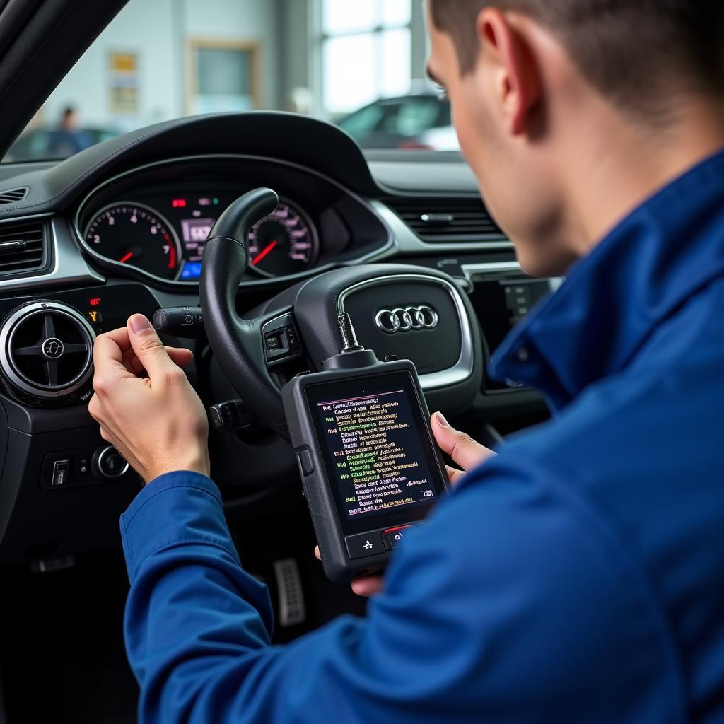 Audi mechanic using a diagnostic tool