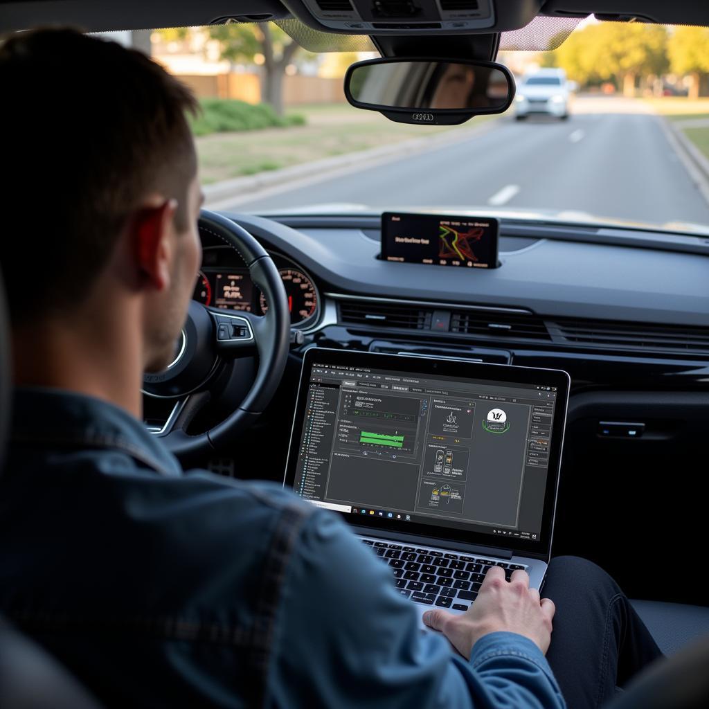 Audi owner using VCDS Lite software on a laptop to diagnose car problems