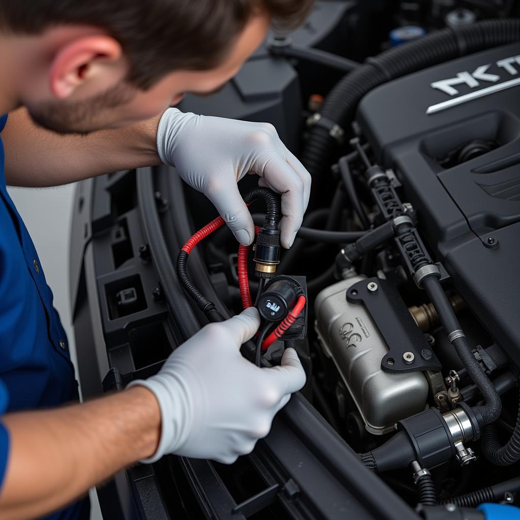 Audi engine bay with the hood open, highlighting the location of the coolant temperature sensor and related components.