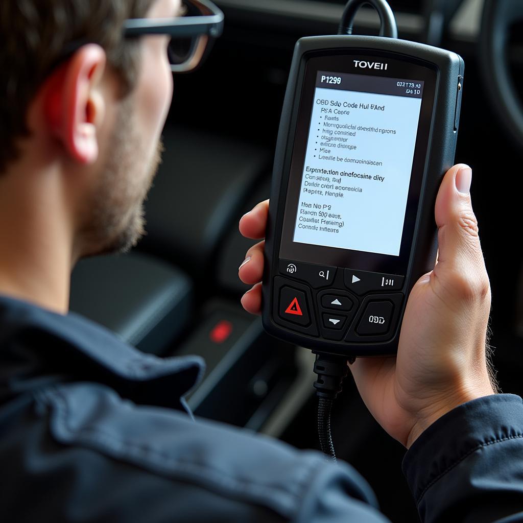 An OBD-II scanner plugged into the diagnostic port of an Audi, displaying the P1296 fault code.