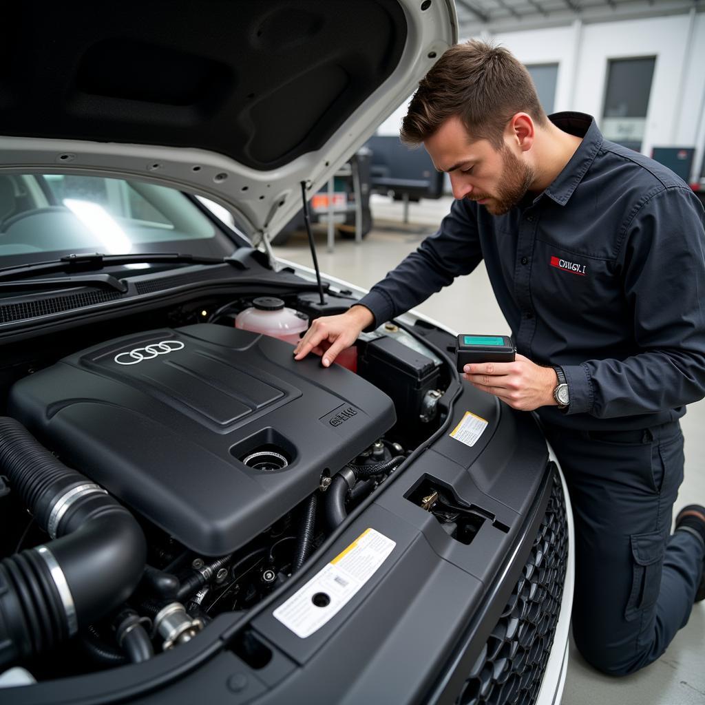 Mechanic inspecting an Audi engine