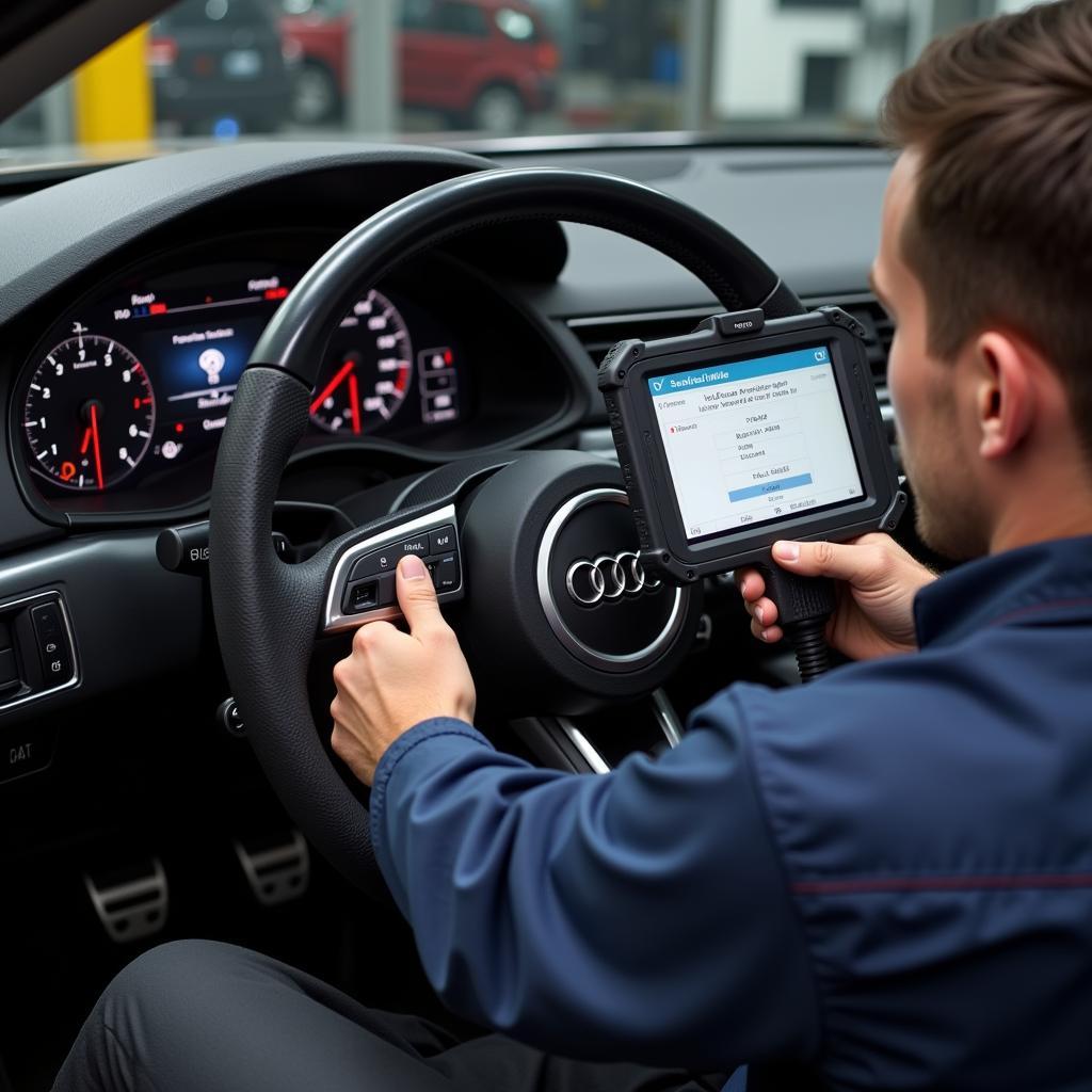 Audi Technician Diagnosing Vehicle Issue with Diagnostic Tool