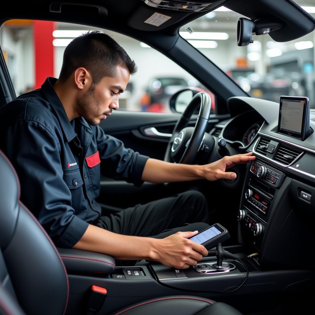 Audi Technician Using Diagnostic Tool