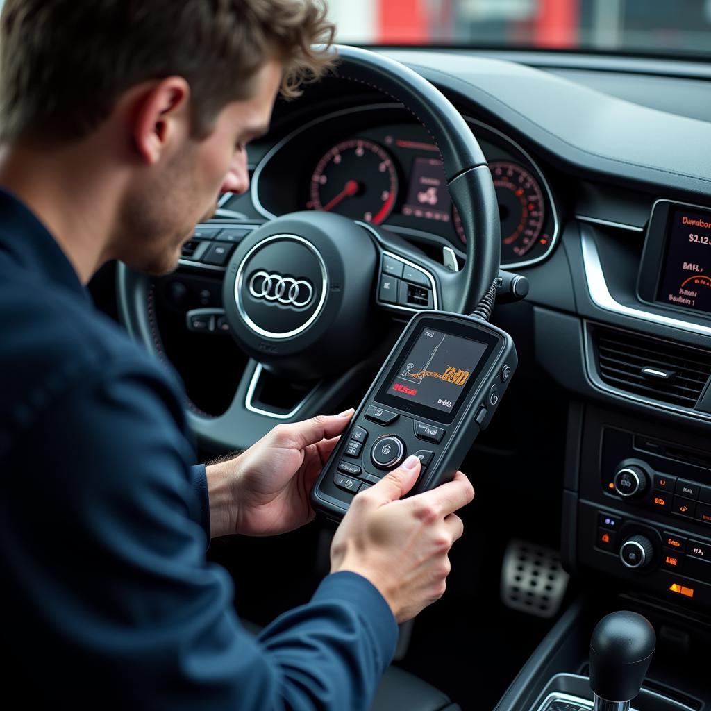 Audi Technician Using Diagnostic Tool