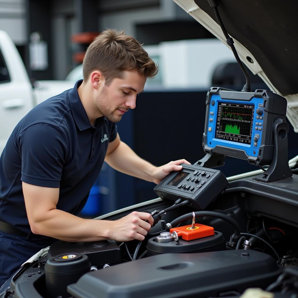 Automotive Electrician Using Diagnostic Equipment on a Vehicle