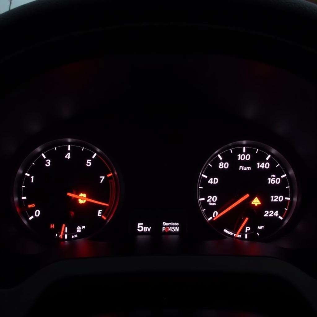 Car dashboard illuminated with various warning lights