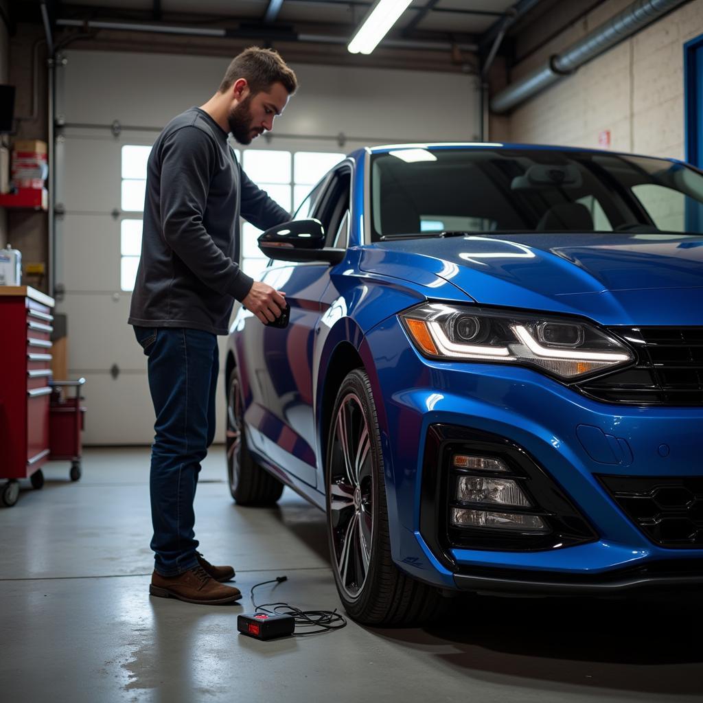 Car enthusiast using VAG-COM tool in garage