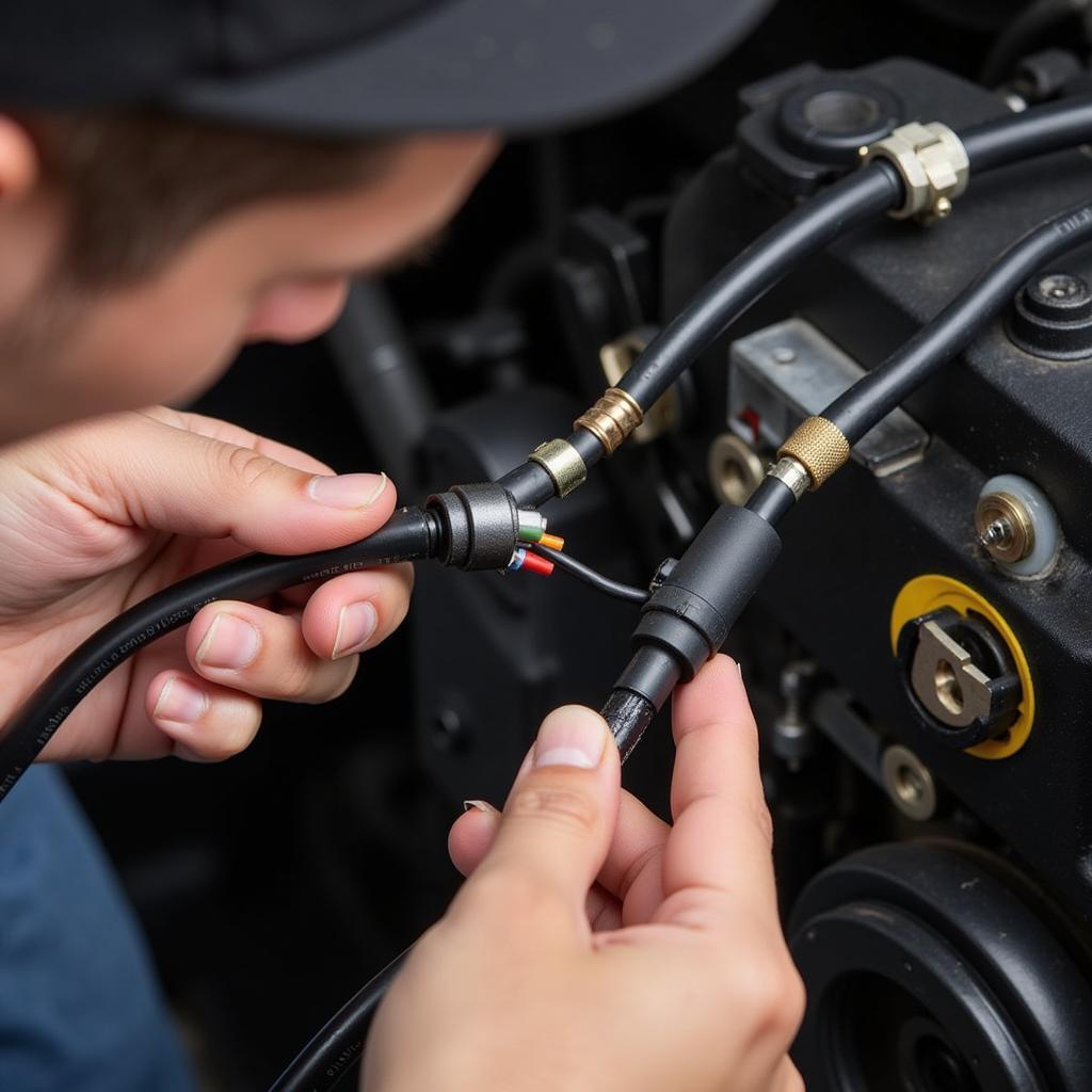 A mechanic checking the wiring of an oxygen sensor