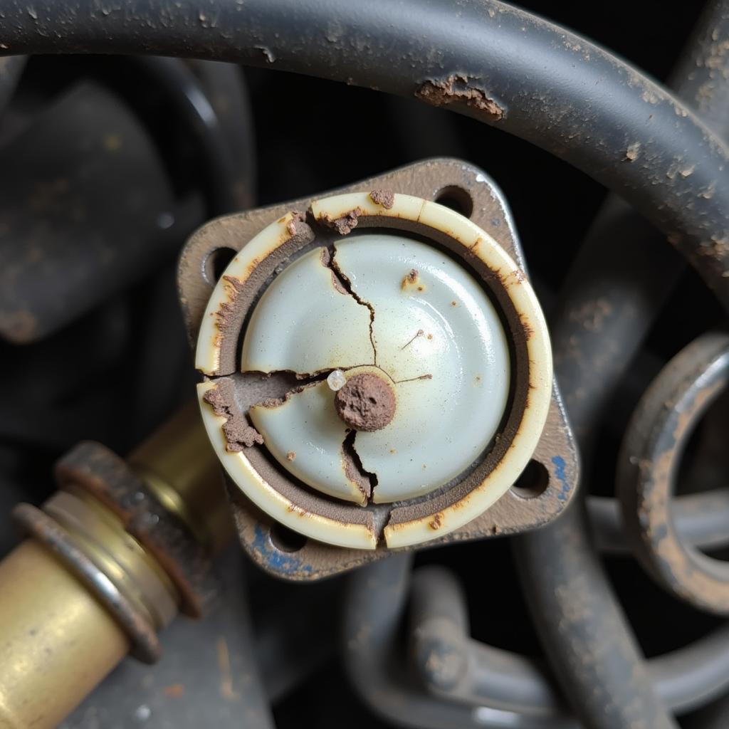 A close-up of a damaged oxygen sensor