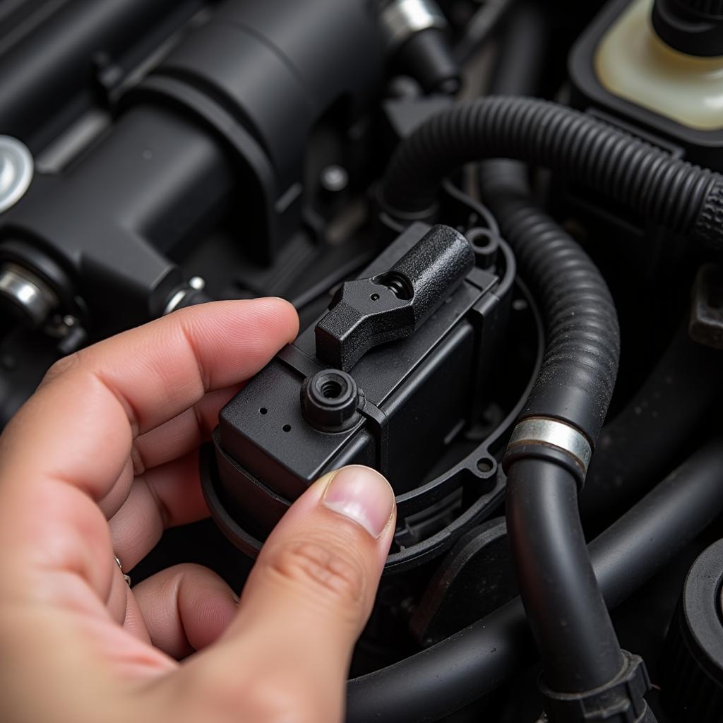 Mechanic inspecting fuel temperature sensor in a car engine