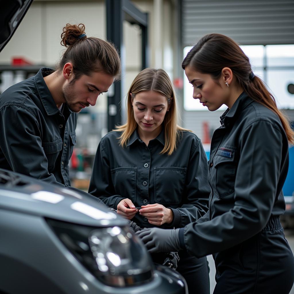 A diverse team of automotive technicians working together.