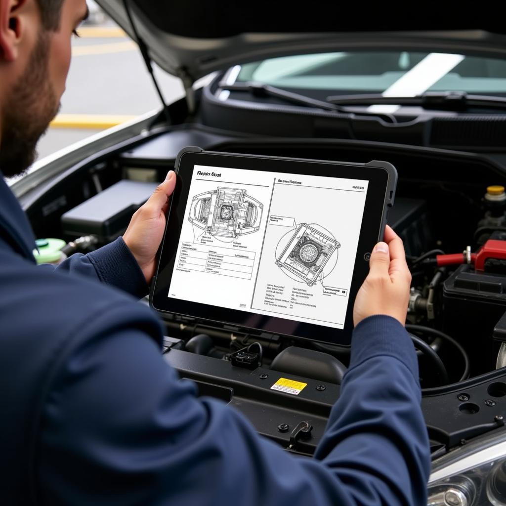 Mechanic using iPad for car repair with digital manual