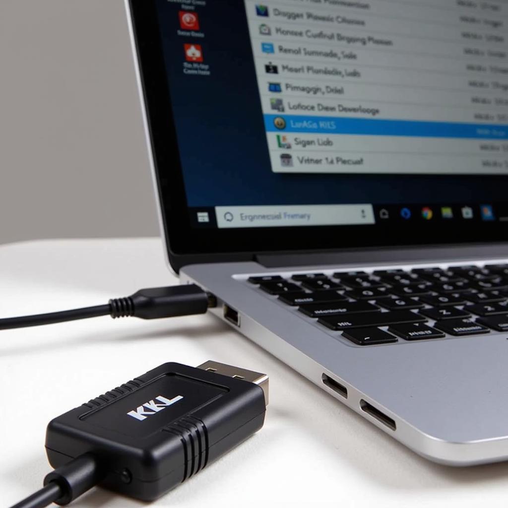 KKL VAG-COM cable connected to a Windows 10 laptop