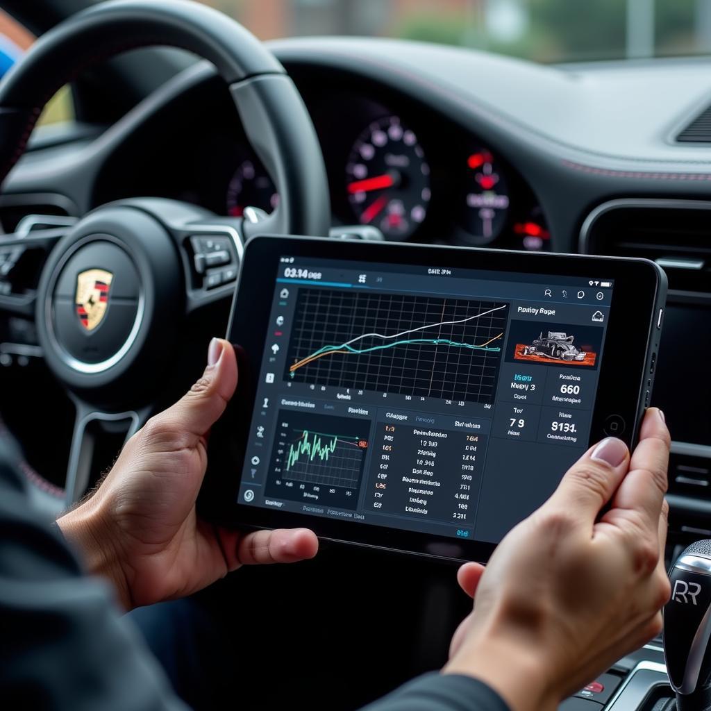 Mechanic analyzing data from a Porsche diagnostic tool