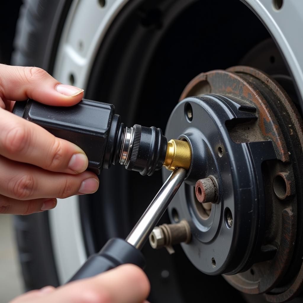 Mechanic Inspecting TPMS Sensor