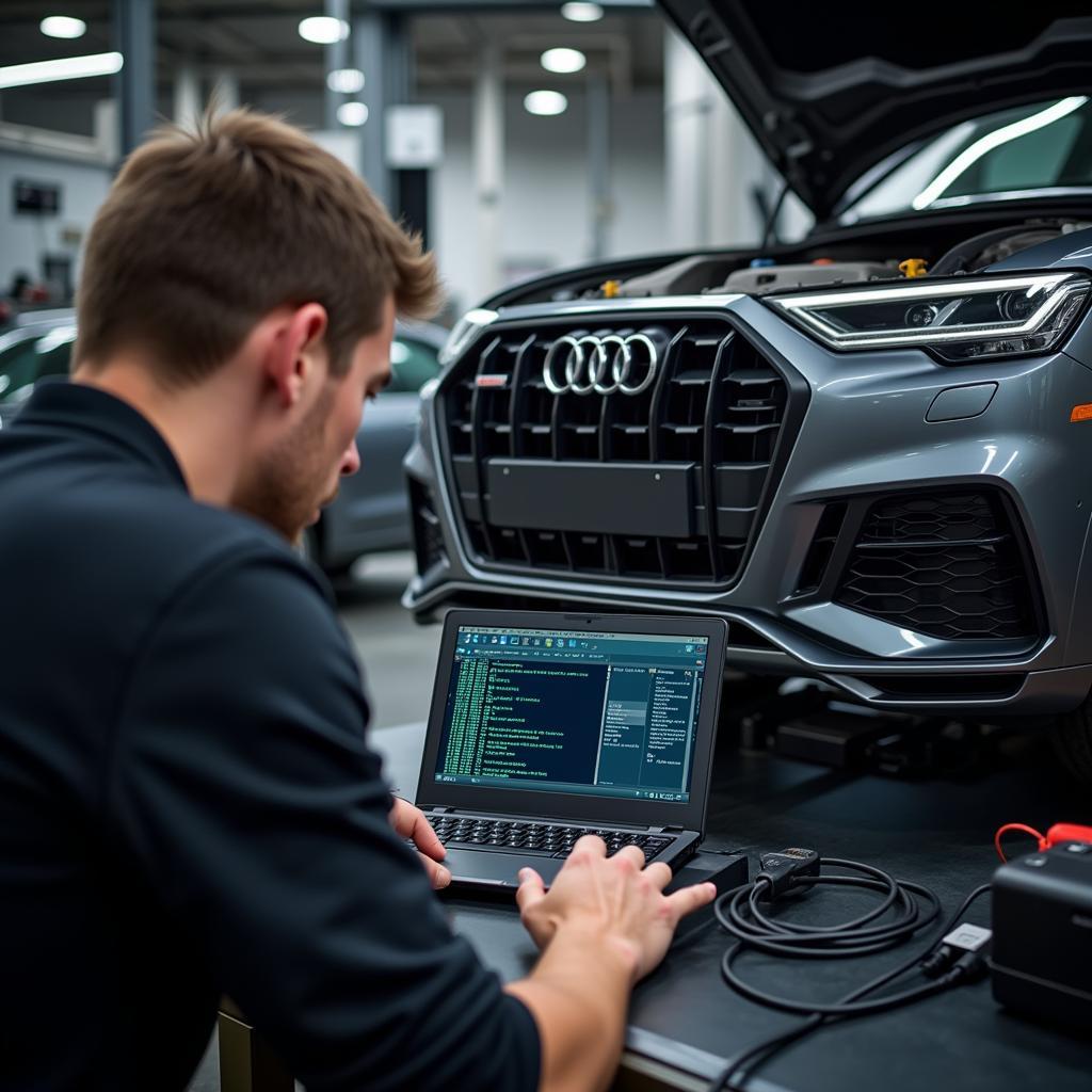 Mechanic Diagnosing Audi Engine Using a Laptop