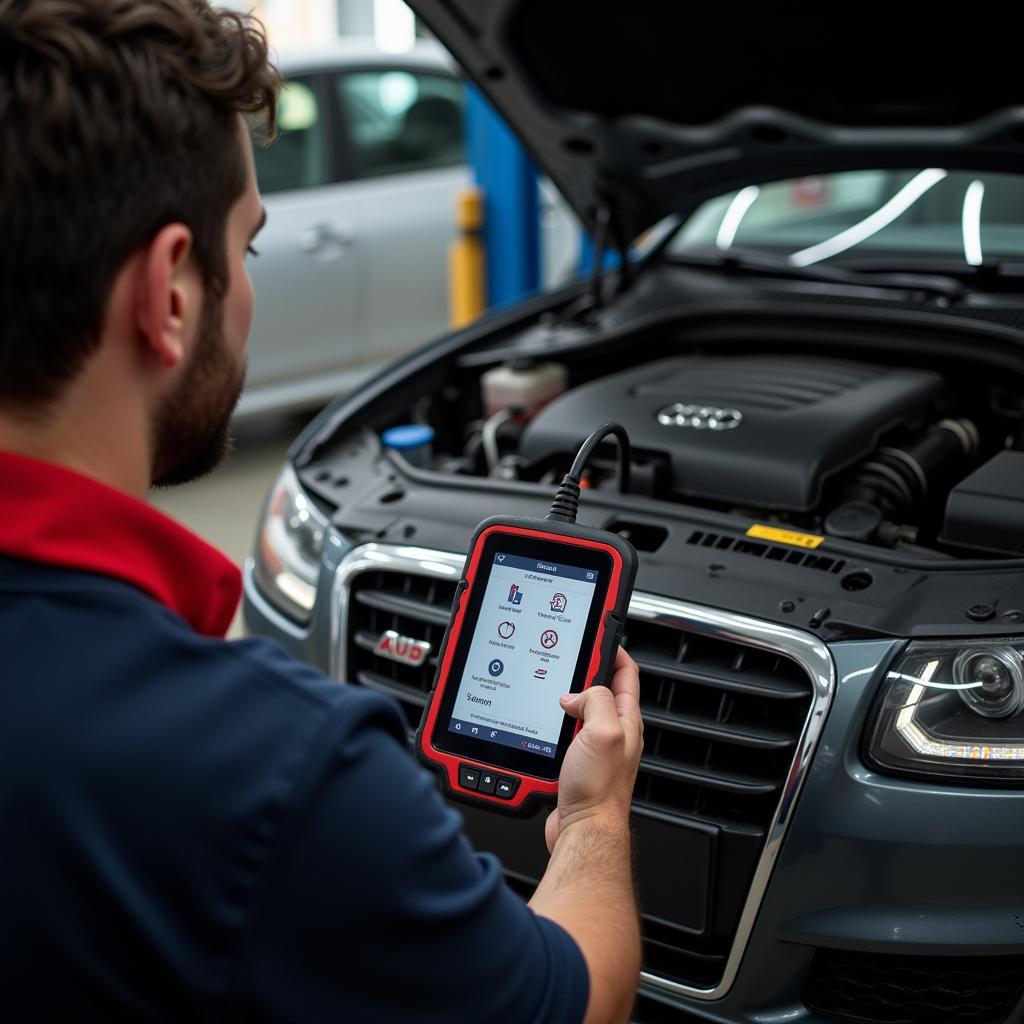 Mechanic Diagnosing Audi S4 with Diagnostic Tool