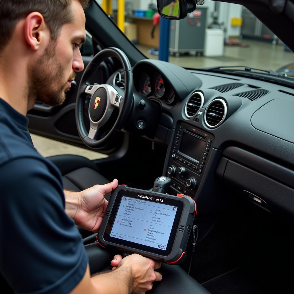 Mechanic Diagnosing Porsche Cayman with OBD-II Scanner