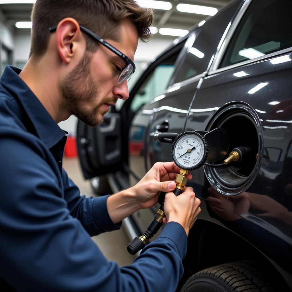 Mechanic using a pressure gauge to diagnose the fuel system