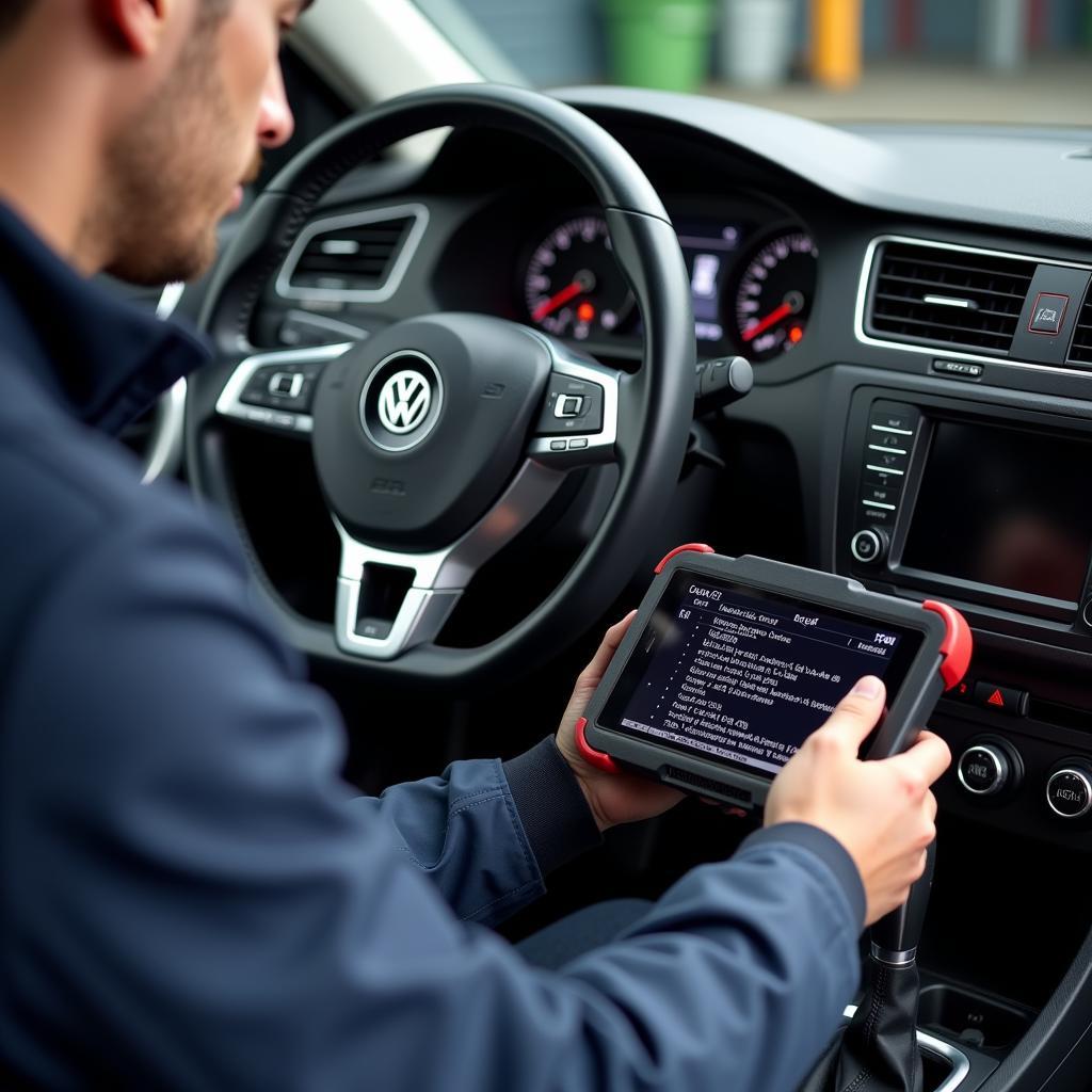 Mechanic Diagnosing VW Jetta Fault Codes