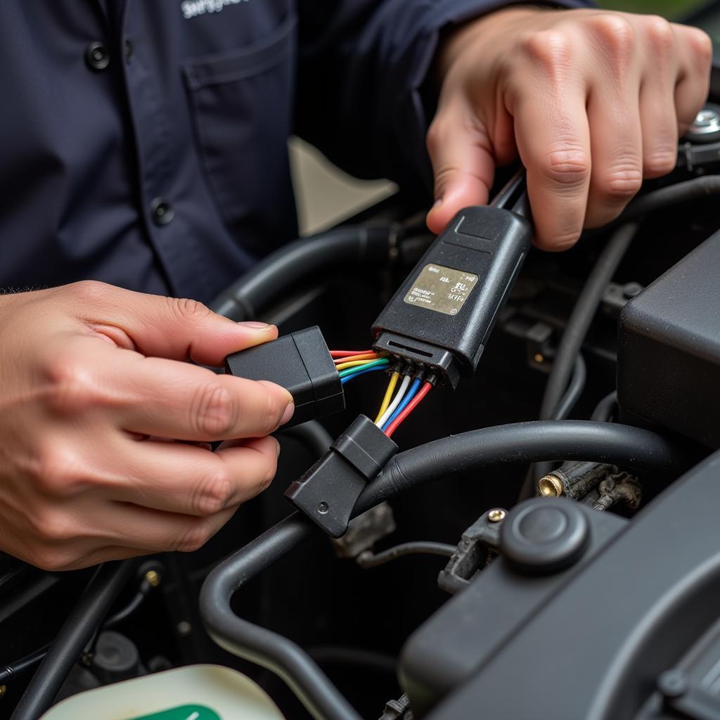 Mechanic inspecting car wiring for issues related to error code 00290