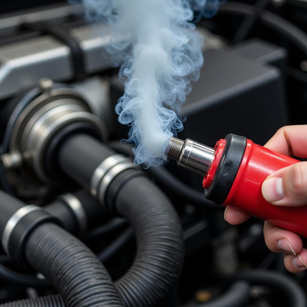 Mechanic Inspecting EVAP System with a Smoke Machine