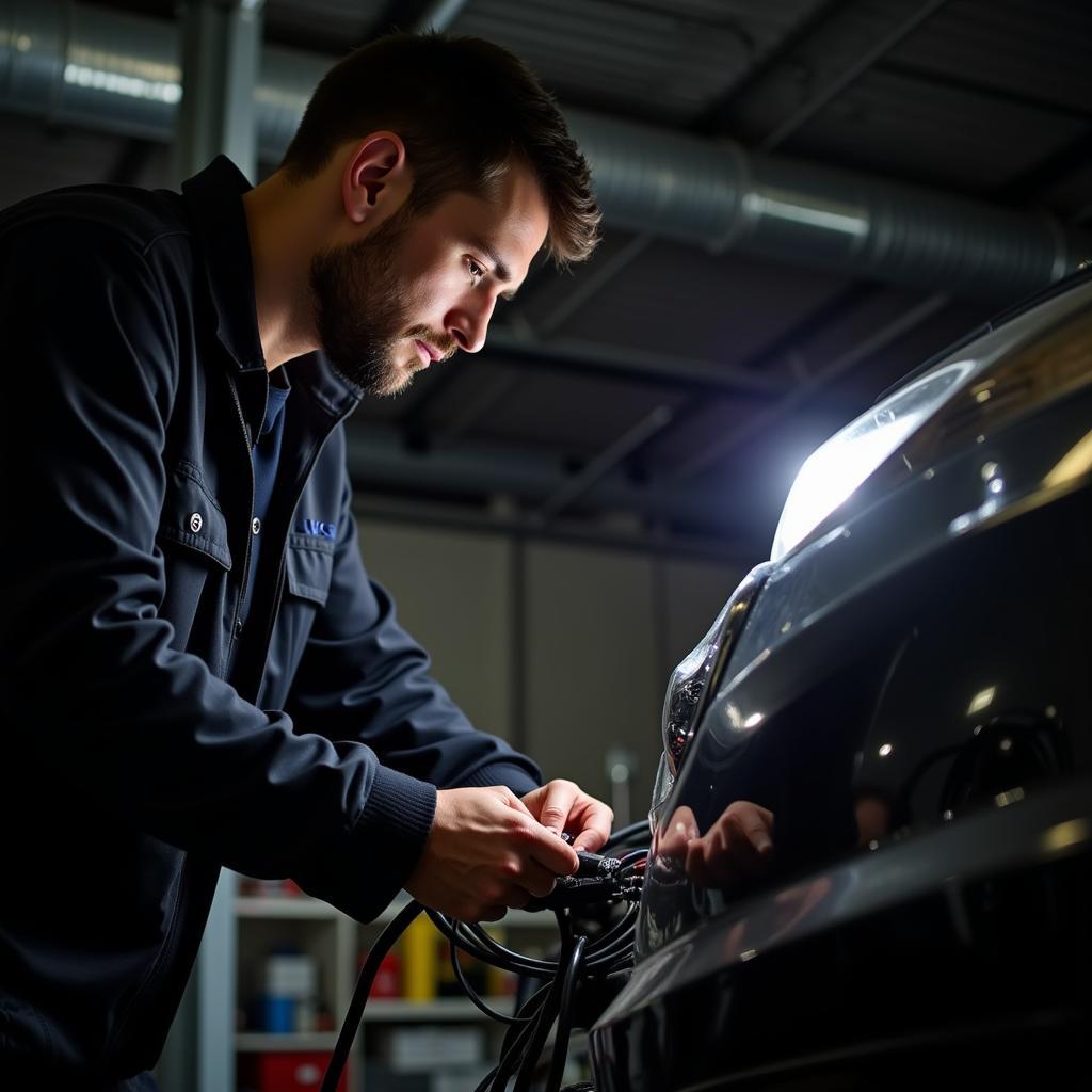 Mechanic Inspecting Fuel Level Sensor Wiring