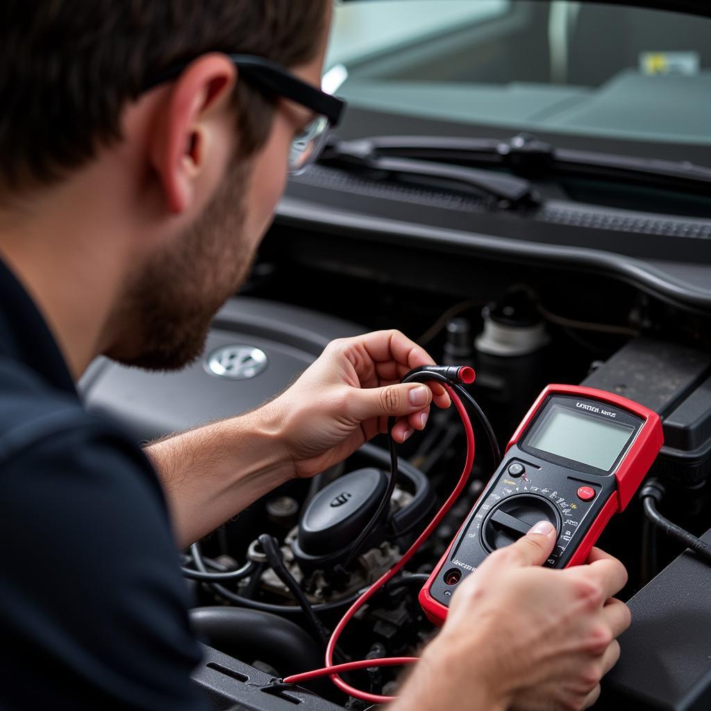 Mechanic Inspecting MAF Sensor Wiring in a 2012 VW Jetta