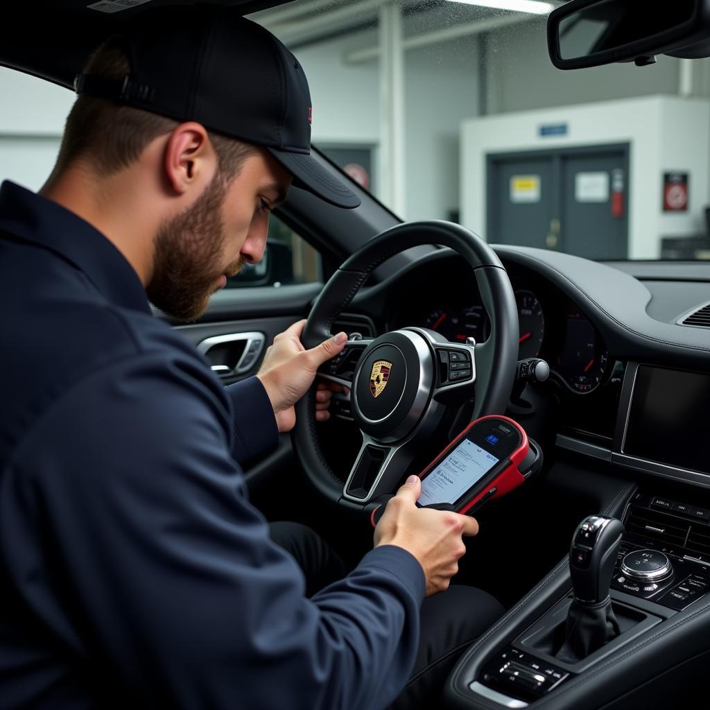 Mechanic inspecting a Porsche Panamera