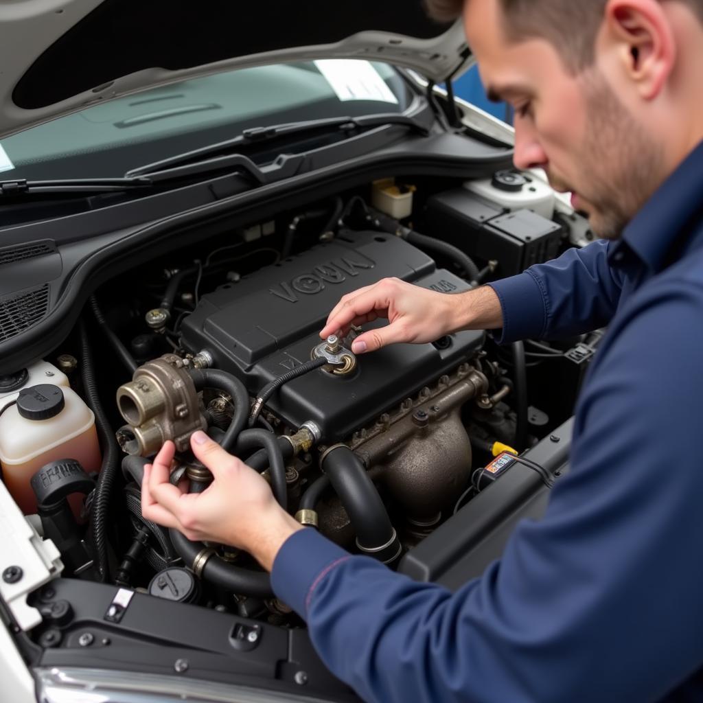 Mechanic Inspecting Turbocharger in 2004 VW Jetta TDI