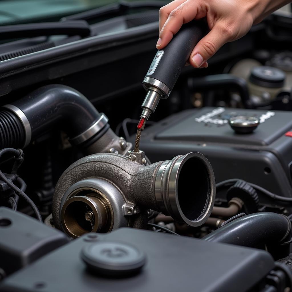 Mechanic inspecting turbocharger hoses for leaks