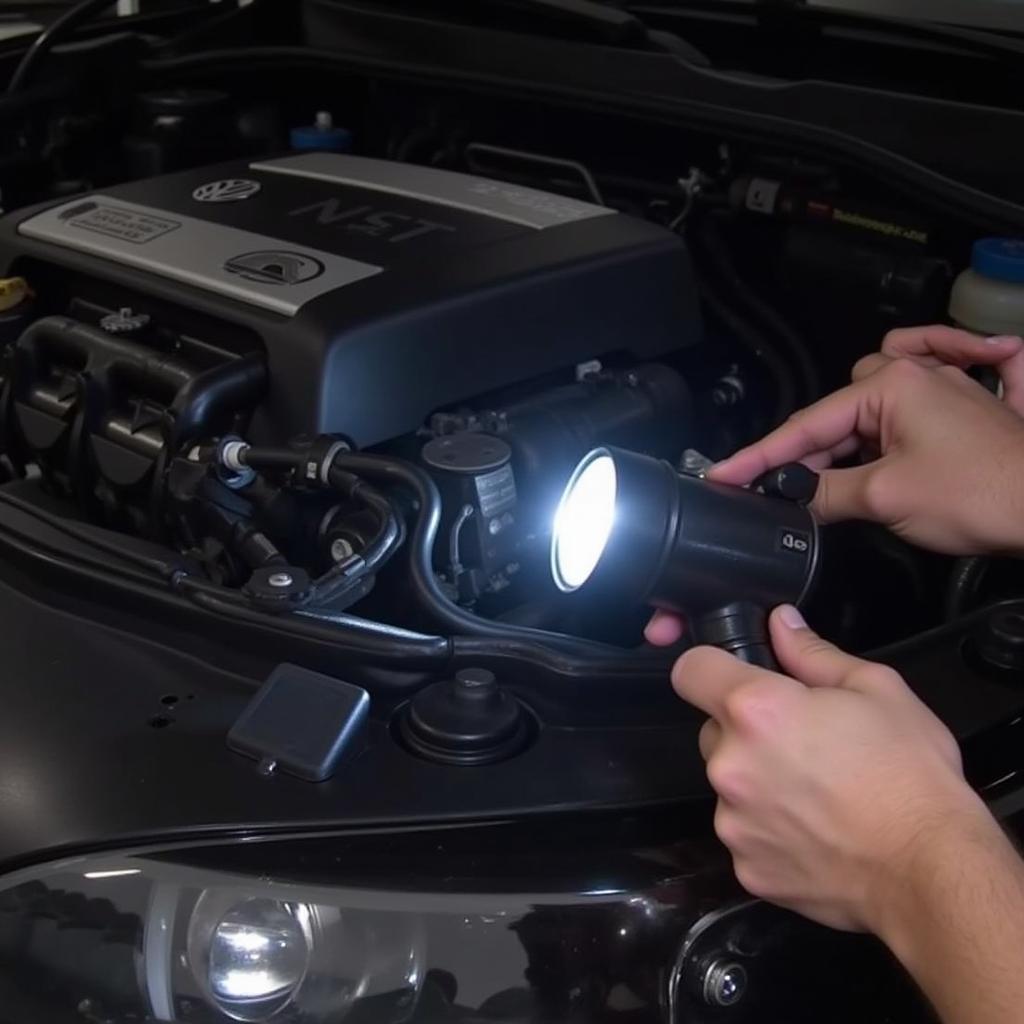 Mechanic inspecting vacuum hoses in VW Jetta