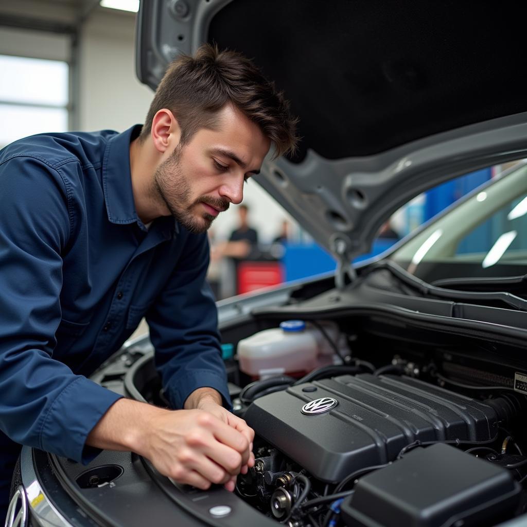 Mechanic Inspecting VW Engine