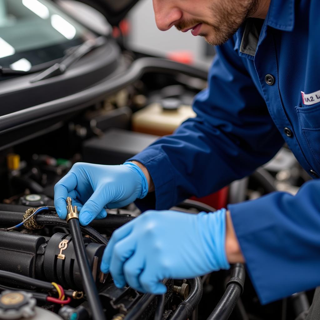 Mechanic inspecting car wiring harness