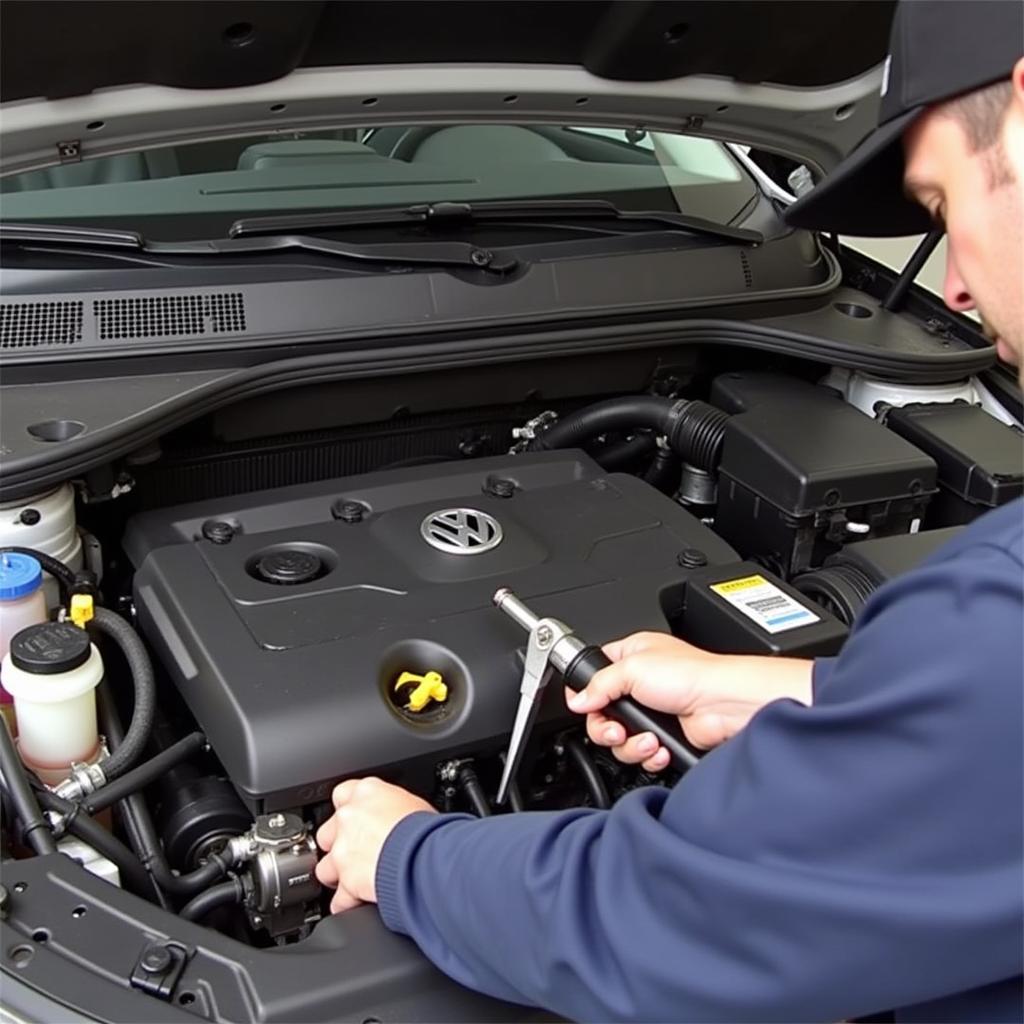 Mechanic Repairing a VW Passat Engine