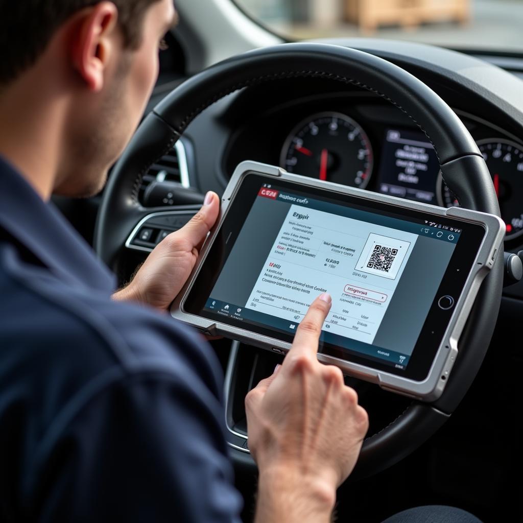 Mechanic Using an Audi Engine Code Decoder