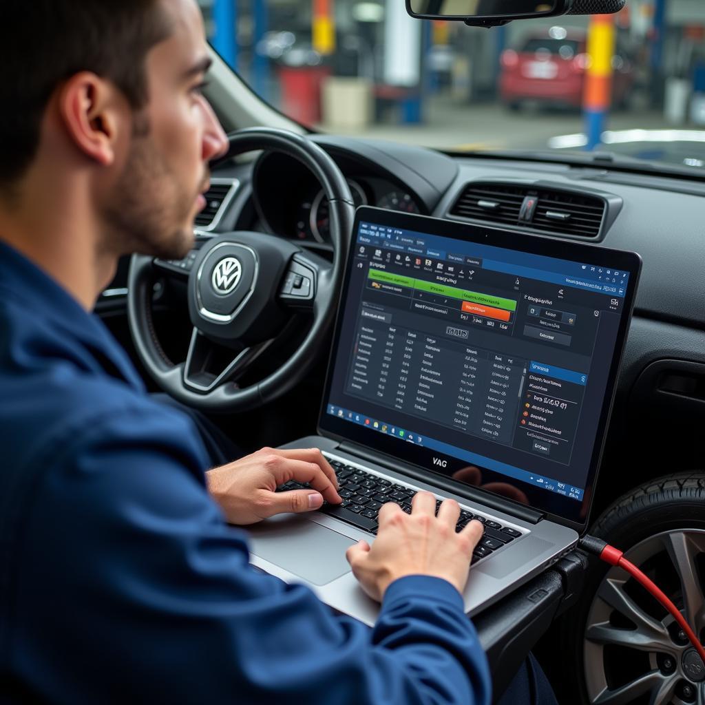 Mechanic Using Diagnostic Software on a Laptop